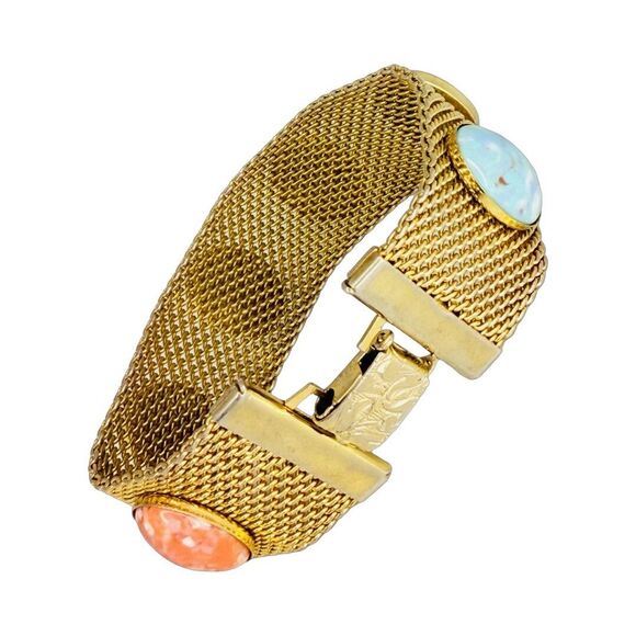 VTG Sarah Coventry Glass Cabochon Mesh Bracelet 8" Gold Tone Wide Multicolor - Picture 5 of 14